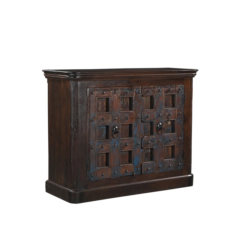 Dark Brown Carved Lattice 2-Door Solid Wood Sideboard Storage Cabinet