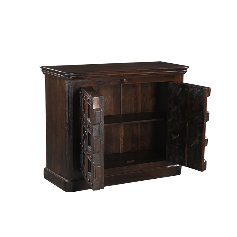 Dark Brown Carved Lattice 2-Door Solid Wood Sideboard Storage Cabinet