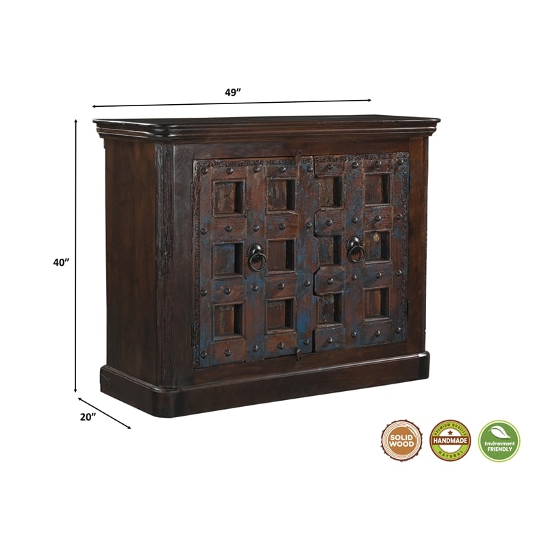 Dark Brown Carved Lattice 2-Door Solid Wood Sideboard Storage Cabinet