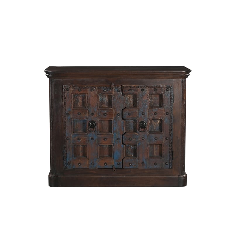 Dark Brown Carved Lattice 2-Door Solid Wood Sideboard Storage Cabinet
