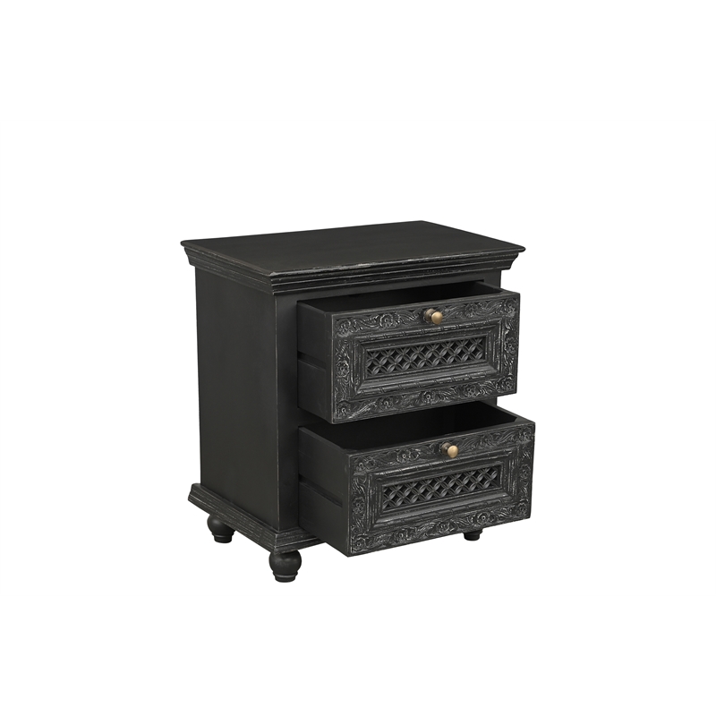 Bailey Black Solid Wood 2 Drawer Nightstand with Floral Drawer Fronts
