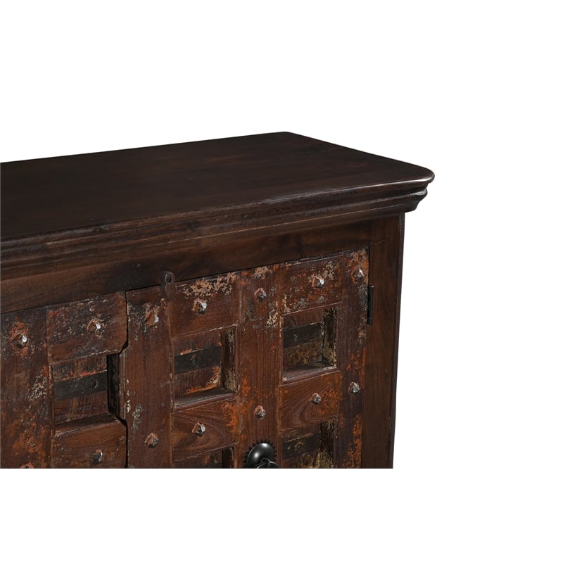 Dark Brown Carved Lattice 2-Door Solid Wood Sideboard Storage Cabinet