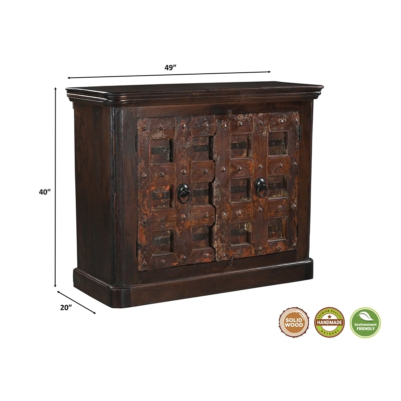 Dark Brown Carved Lattice 2-Door Solid Wood Sideboard Storage Cabinet
