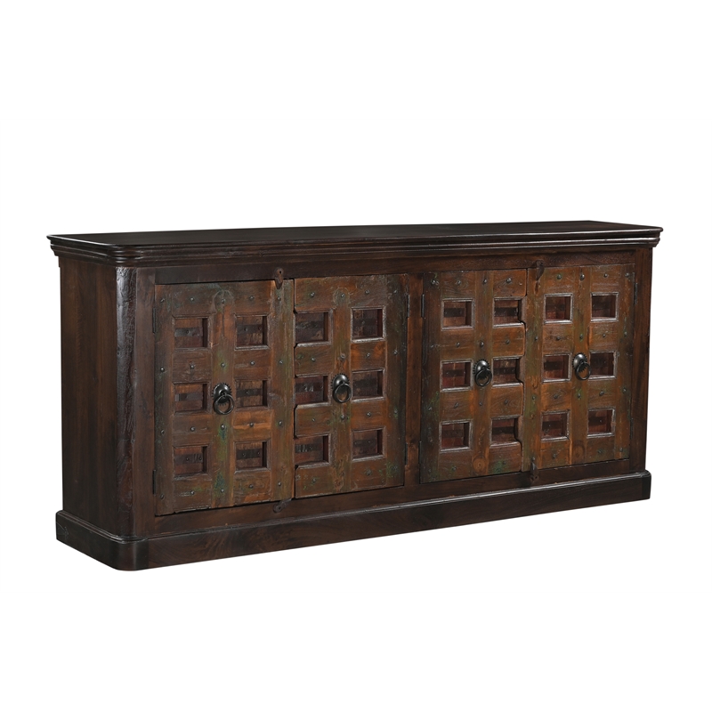 Dark Brown Carved Lattice 4-Door Solid Wood Sideboard Storage Cabinet