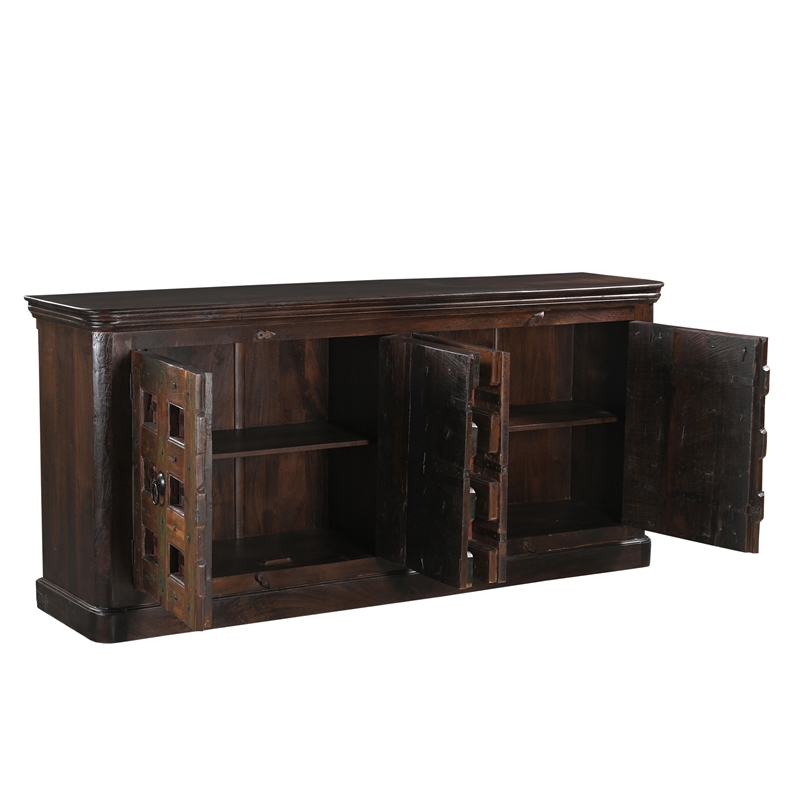Dark Brown Carved Lattice 4-Door Solid Wood Sideboard Storage Cabinet