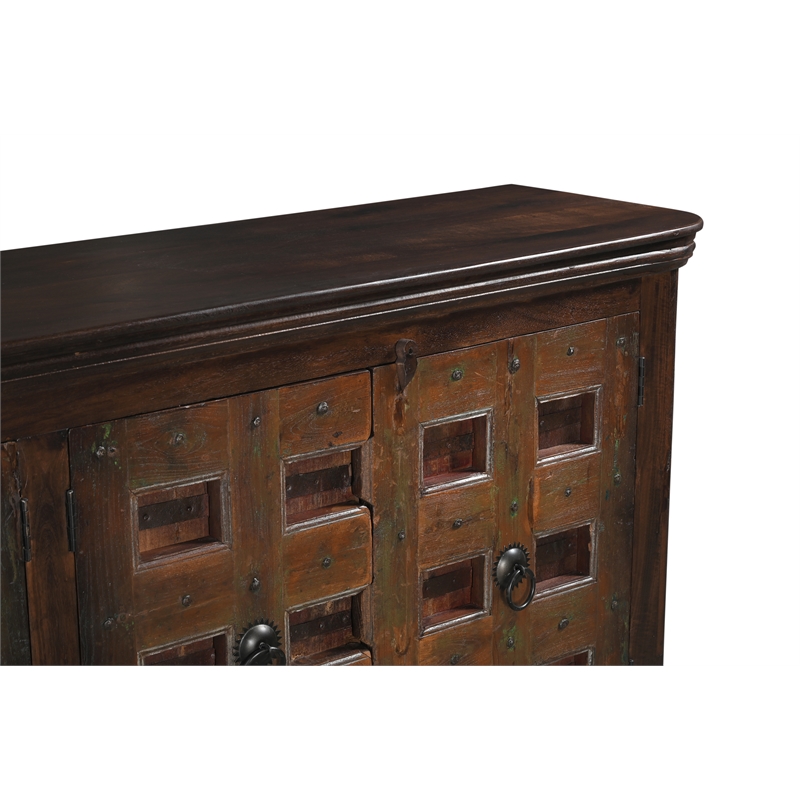 Dark Brown Carved Lattice 4-Door Solid Wood Sideboard Storage Cabinet