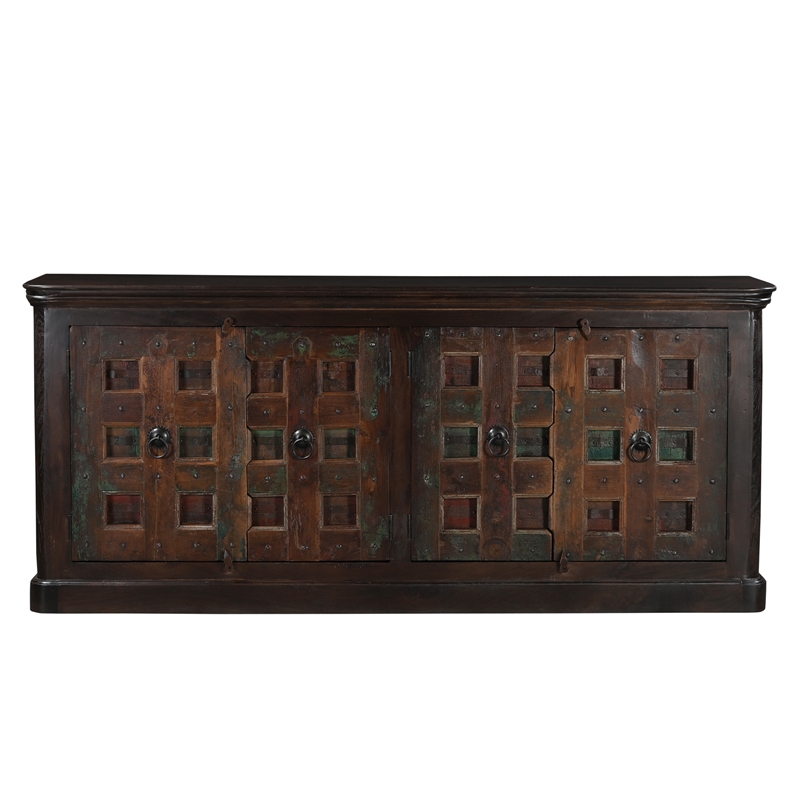 Dark Brown Carved Lattice 4-Door Solid Wood Sideboard Storage Cabinet