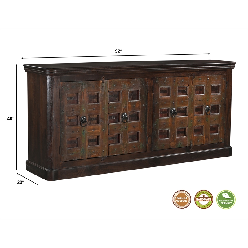 Dark Brown Carved Lattice 4-Door Solid Wood Sideboard Storage Cabinet