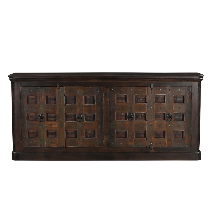 Dark Brown Carved Lattice 4-Door Solid Wood Sideboard Storage Cabinet