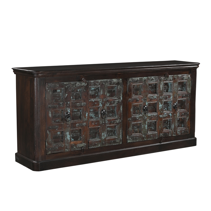 Dark Brown Carved Lattice 4-Door Solid Wood Sideboard Storage Cabinet