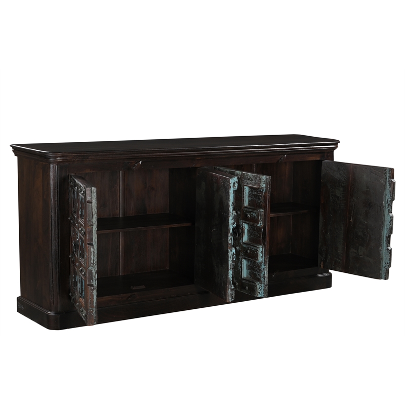 Dark Brown Carved Lattice 4-Door Solid Wood Sideboard Storage Cabinet