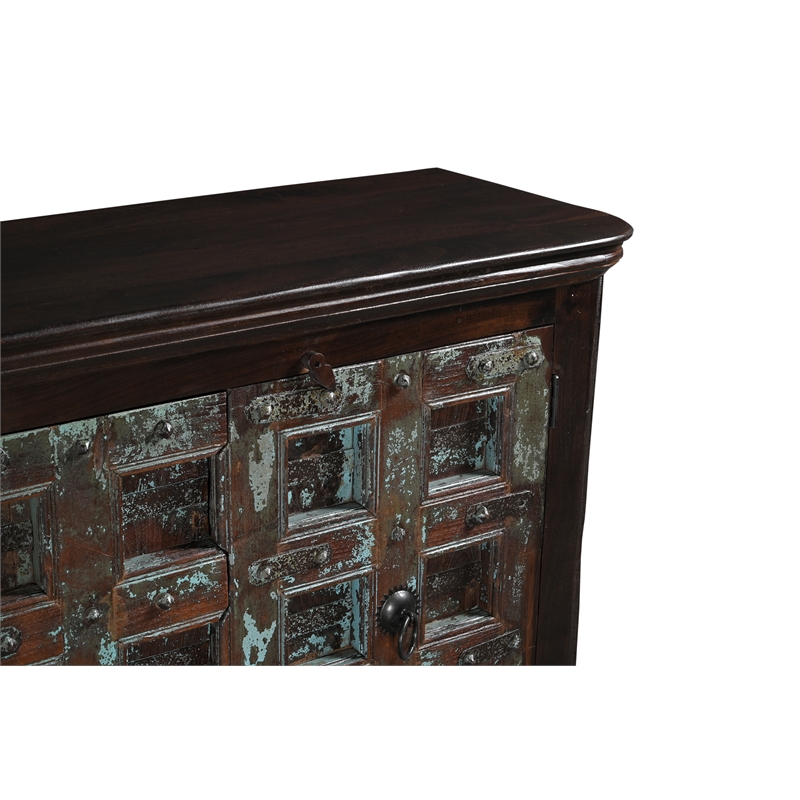 Dark Brown Carved Lattice 4-Door Solid Wood Sideboard Storage Cabinet