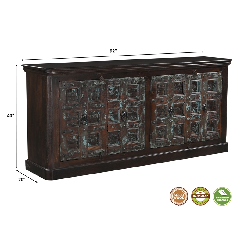 Dark Brown Carved Lattice 4-Door Solid Wood Sideboard Storage Cabinet