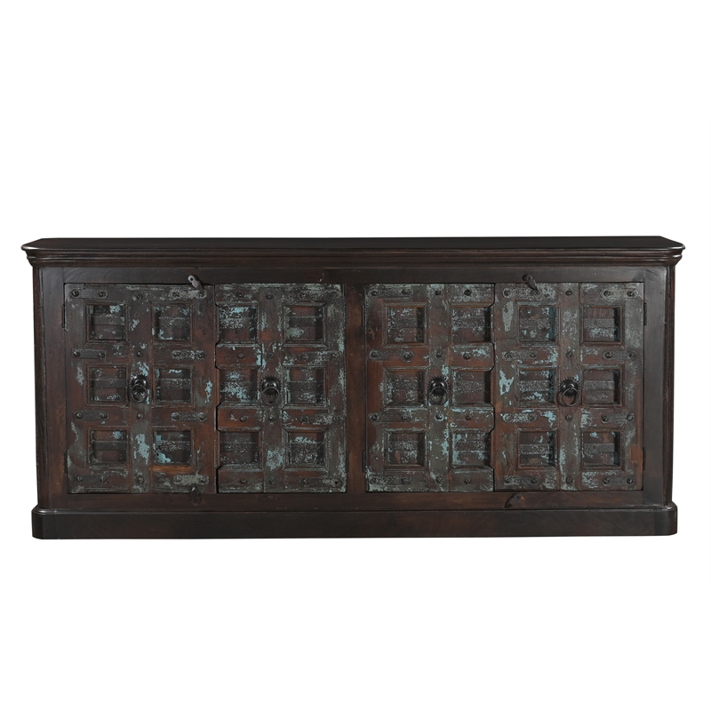 Dark Brown Carved Lattice 4-Door Solid Wood Sideboard Storage Cabinet
