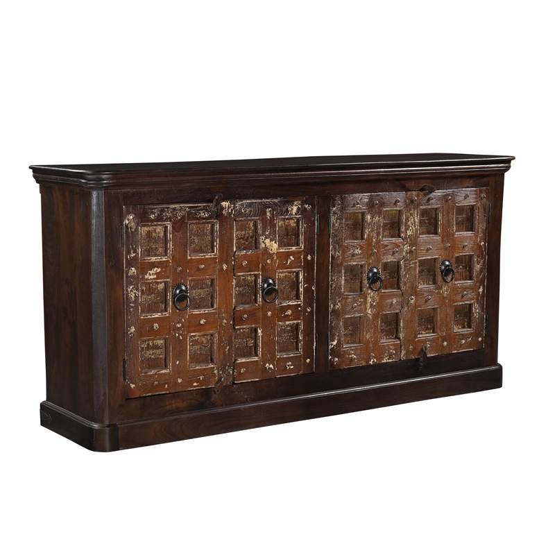 Dark Brown Carved Lattice 4-Door Solid Wood Sideboard Storage Cabinet