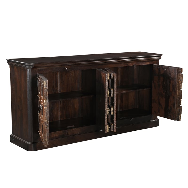 Dark Brown Carved Lattice 4-Door Solid Wood Sideboard Storage Cabinet