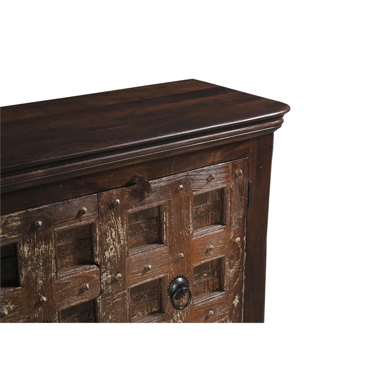 Dark Brown Carved Lattice 4-Door Solid Wood Sideboard Storage Cabinet