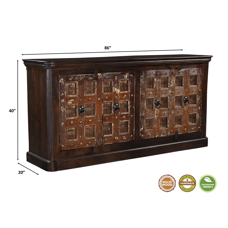 Dark Brown Carved Lattice 4-Door Solid Wood Sideboard Storage Cabinet
