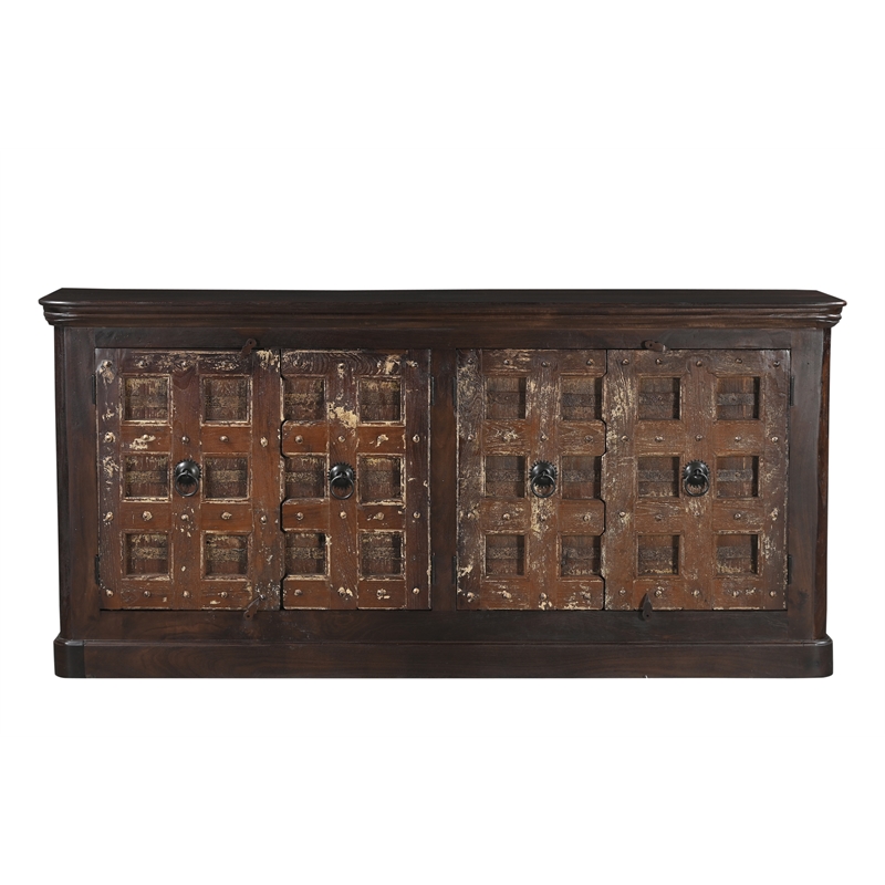 Dark Brown Carved Lattice 4-Door Solid Wood Sideboard Storage Cabinet
