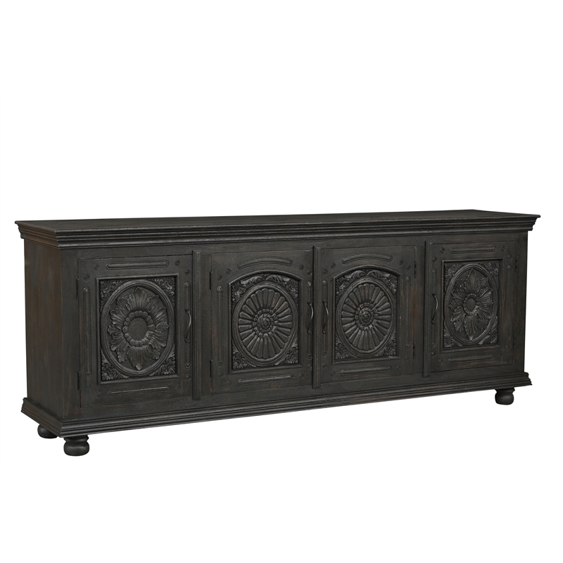 Monte Black Solid Wood Carved Sideboard Cabinet with Floral Details