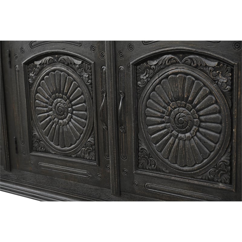 Monte Black Solid Wood Carved Sideboard Cabinet with Floral Details