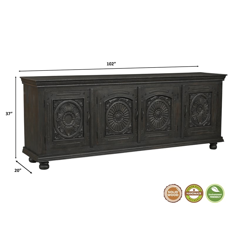 Monte Black Solid Wood Carved Sideboard Cabinet with Floral Details