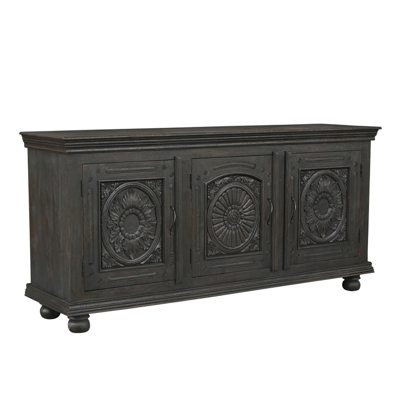 Monte Black Solid Wood Carved Sideboard Cabinet with Floral Details