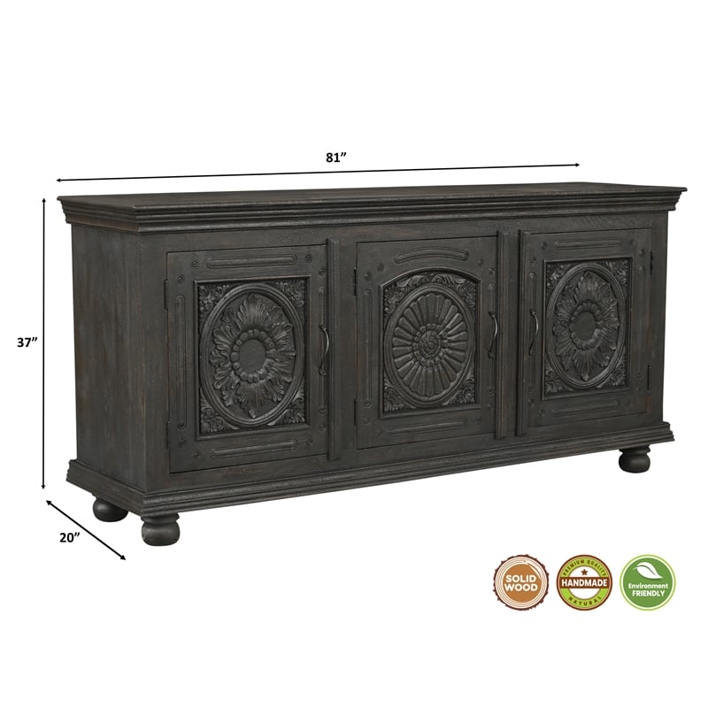 Monte Black Solid Wood Carved Sideboard Cabinet with Floral Details