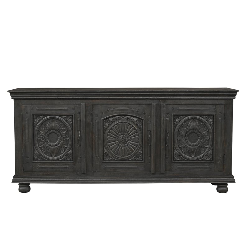 Monte Black Solid Wood Carved Sideboard Cabinet with Floral Details