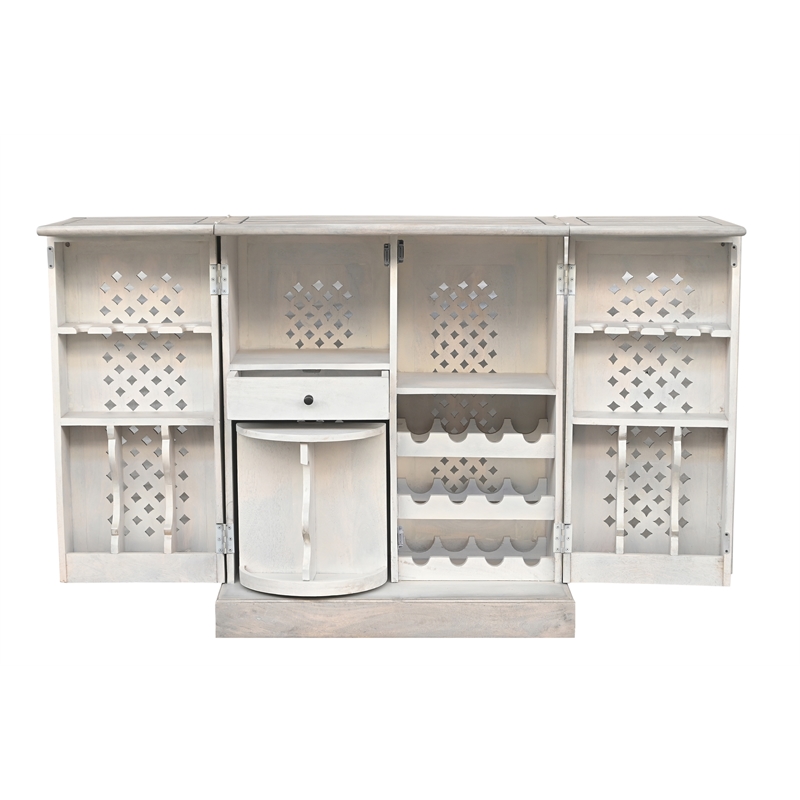 Bailey Expandable Solid Mango Wood Bar Cabinet with Stemware Rack Storage