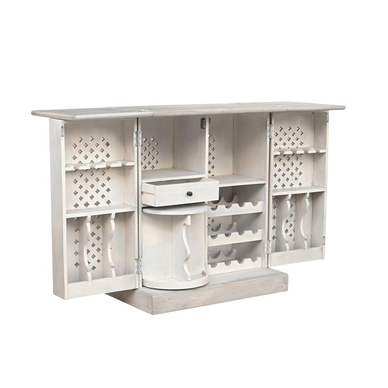 Bailey Expandable Solid Mango Wood Bar Cabinet with Stemware Rack Storage