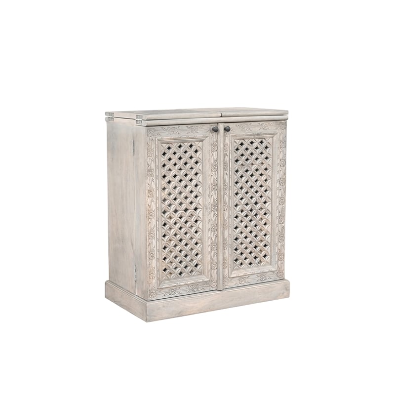 Bailey Expandable Solid Mango Wood Bar Cabinet with Stemware Rack Storage