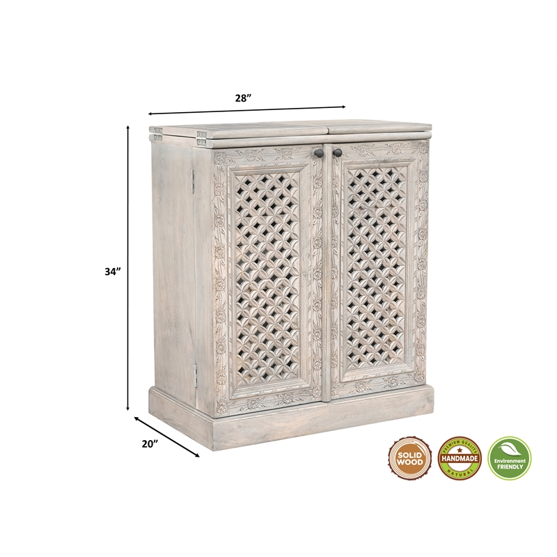 Bailey Expandable Solid Mango Wood Bar Cabinet with Stemware Rack Storage