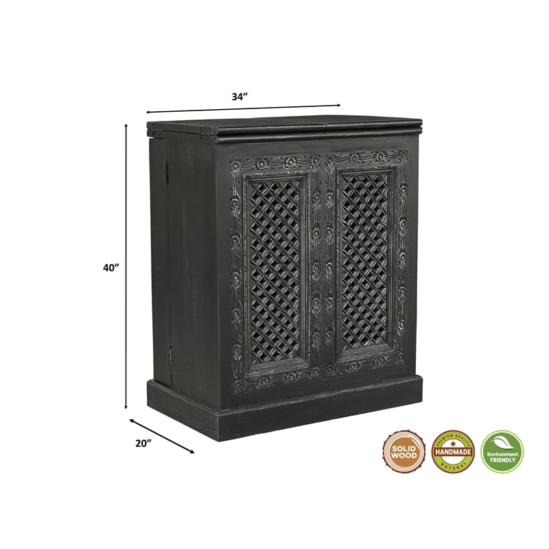Bailey Expandable Solid Mango Wood Bar Cabinet with Stemware Rack Storage