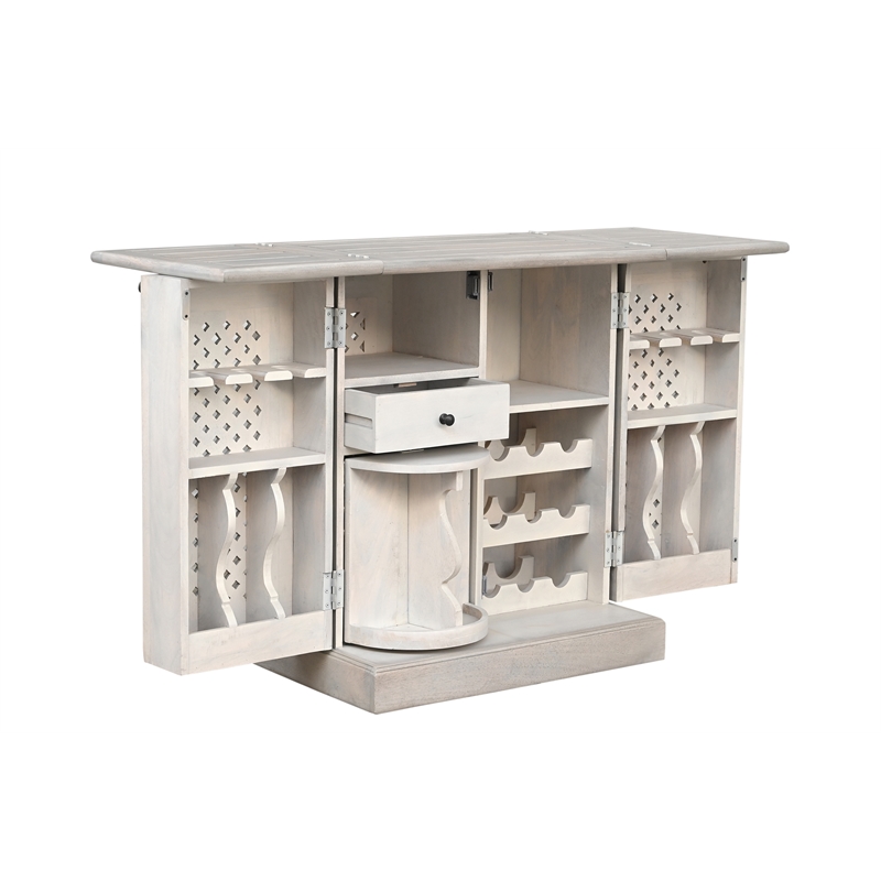 Bailey Expandable Solid Mango Wood Bar Cabinet with Stemware Rack Storage