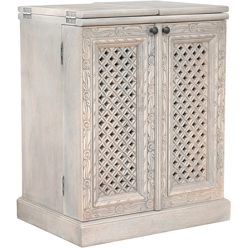 Bailey Expandable Solid Mango Wood Bar Cabinet with Stemware Rack Storage