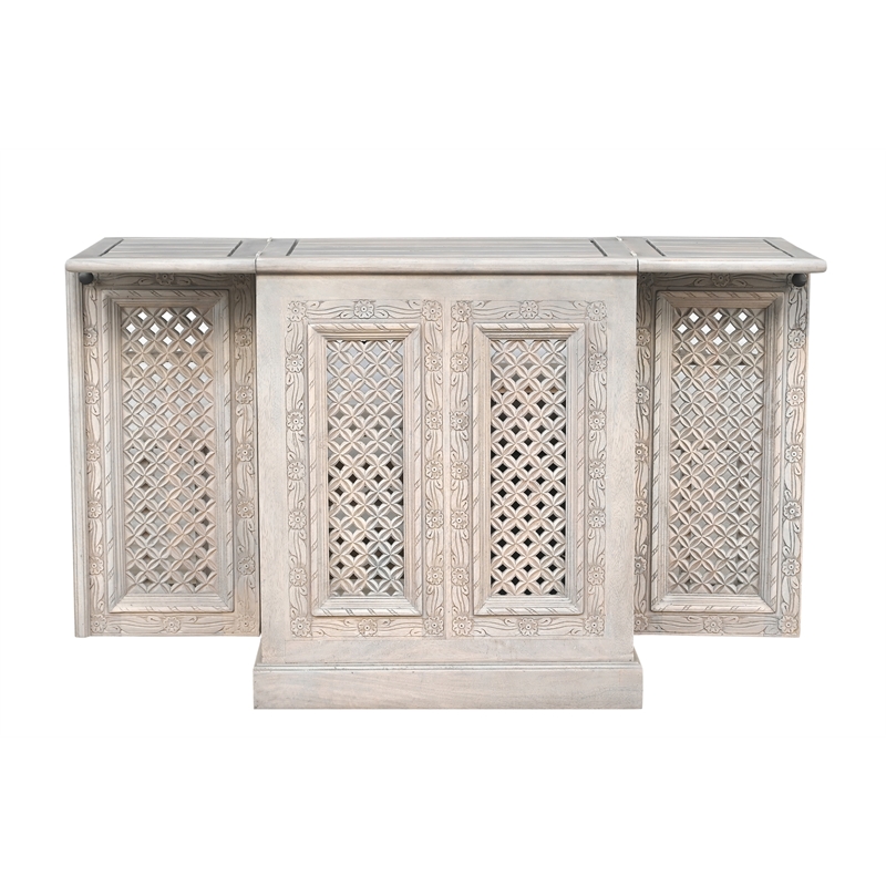 Bailey Expandable Solid Mango Wood Bar Cabinet with Stemware Rack Storage