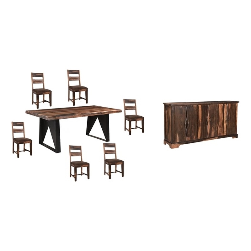 Darcy Dark Brown Live Edge Upholstered Solid Wood Sheesham 8-Piece Dining Set