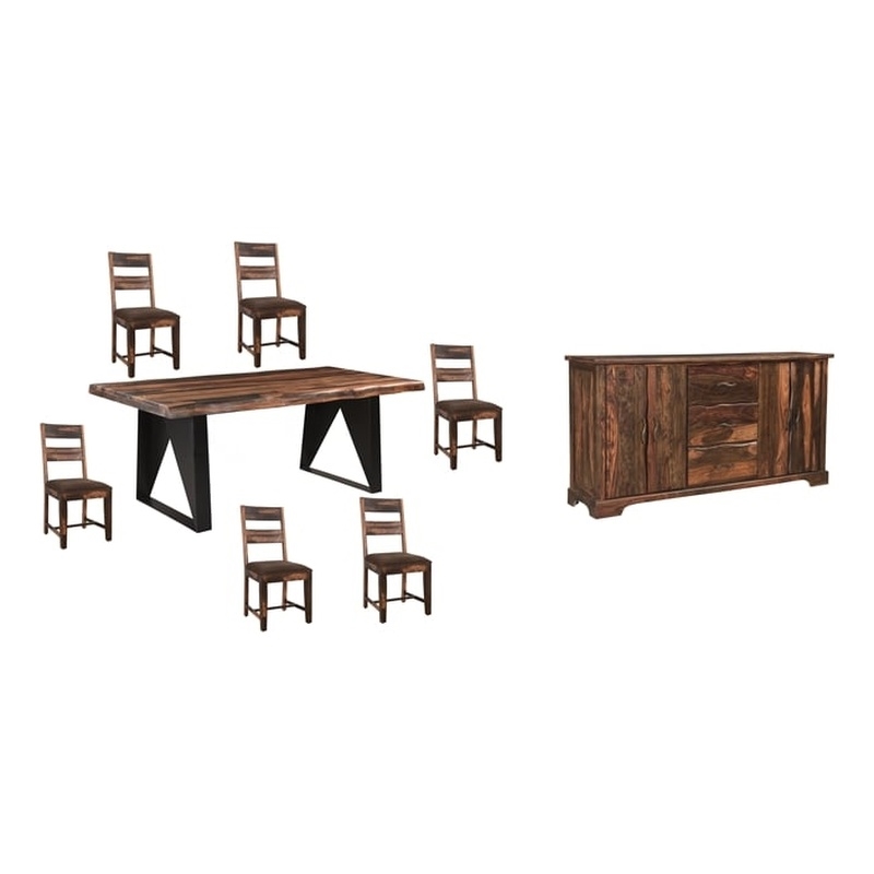 Darcy Brown Live Edge Upholstered Solid Wood Sheesham 8-Piece Dining Set