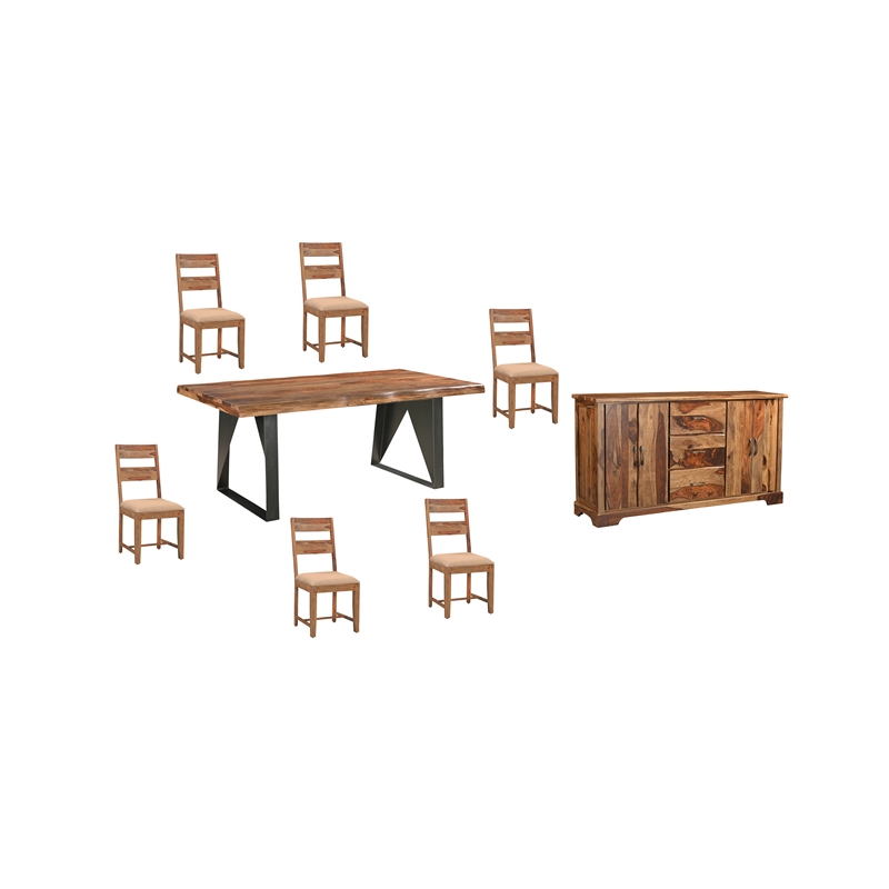 Darcy Brown Live Edge Upholstered Solid Wood Sheesham 8-Piece Dining Set