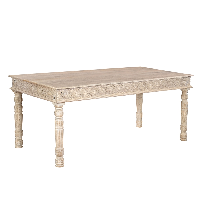 Milton White Floral Carved and Upholstered Solid Wood Mango 7-Piece Dining Set