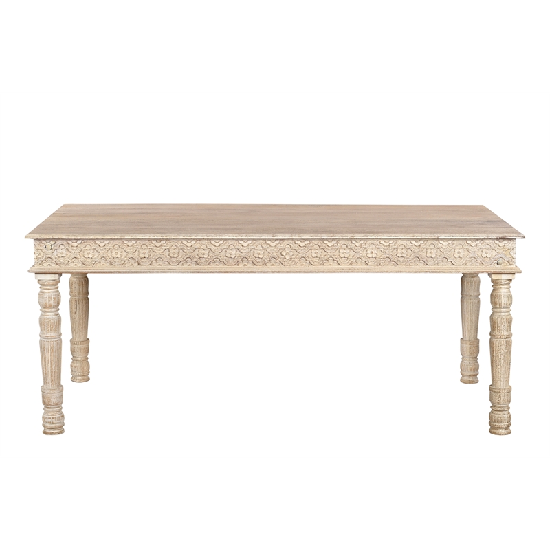 Milton White Floral Carved and Upholstered Solid Wood Mango 7-Piece Dining Set