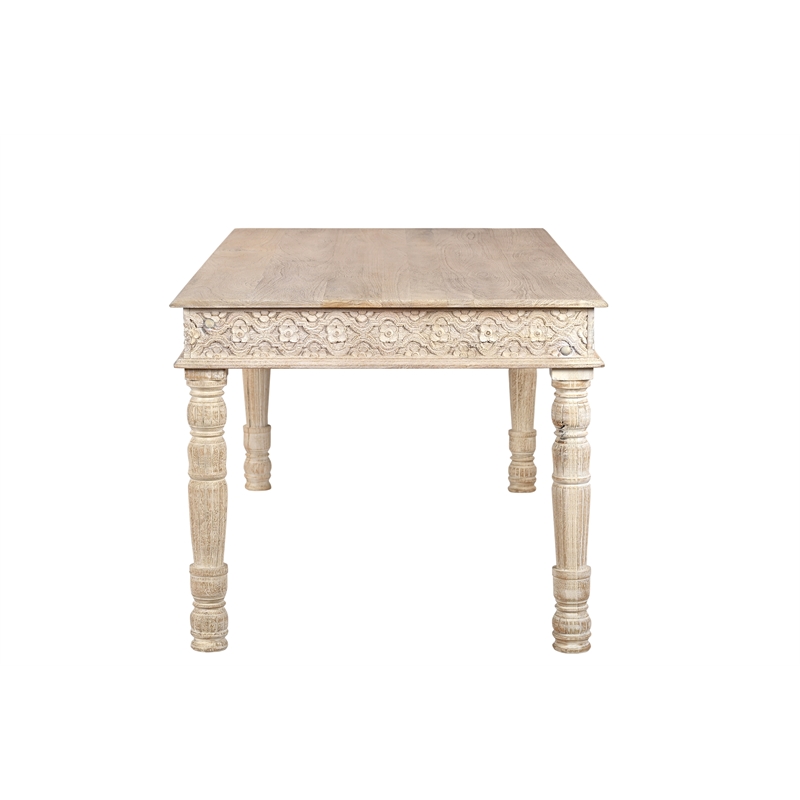 Milton White Floral Carved and Upholstered Solid Wood Mango 7-Piece Dining Set