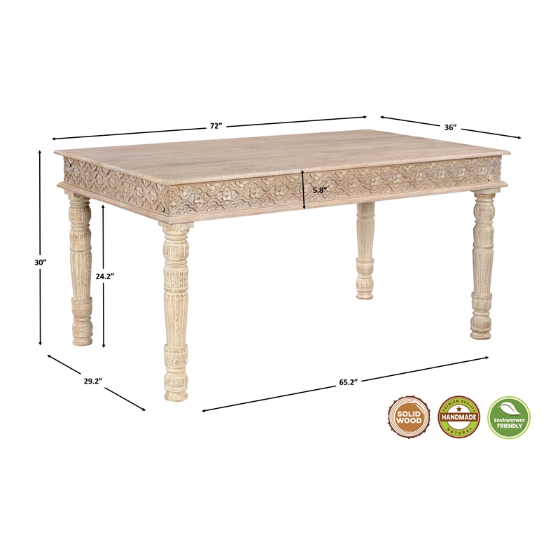 Milton White Floral Carved and Upholstered Solid Wood Mango 7-Piece Dining Set