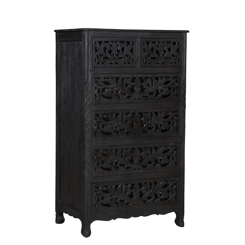 Monte Black Floral Carved Solid Wood Mango 5-Piece Queen Bedroom Set