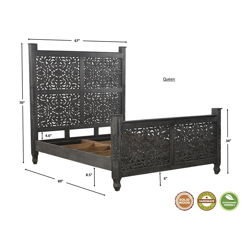 Monte Black Floral Carved Solid Wood Mango 5-Piece Queen Bedroom Set