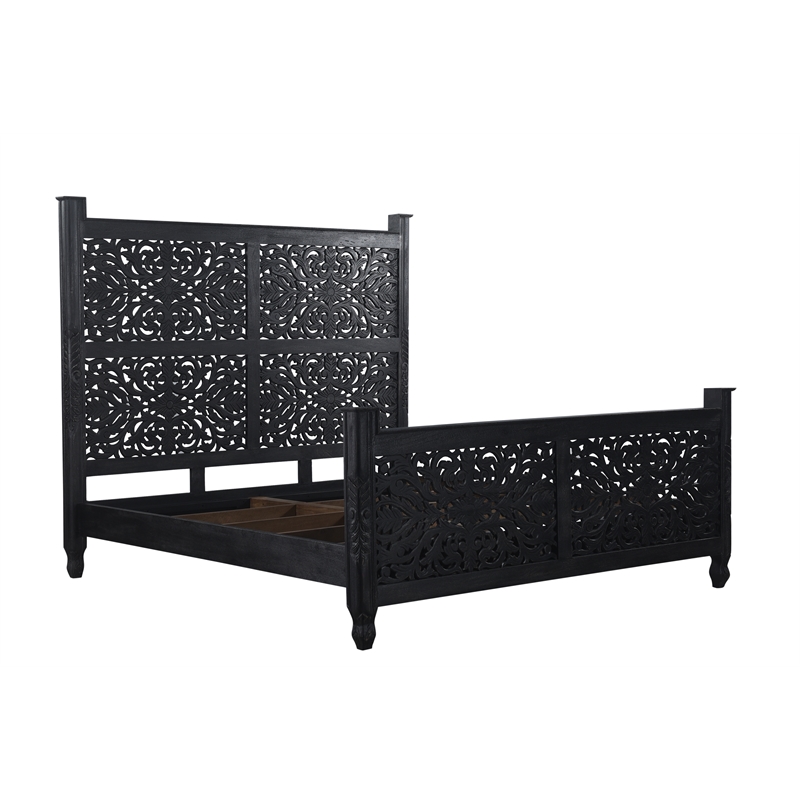 Monte Black Floral Carved Solid Wood Mango 5-Piece King Bedroom Set