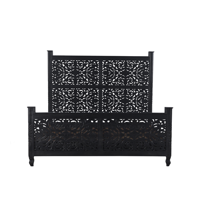 Monte Black Floral Carved Solid Wood Mango 5-Piece King Bedroom Set
