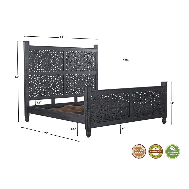 Monte Black Floral Carved Solid Wood Mango 5-Piece King Bedroom Set