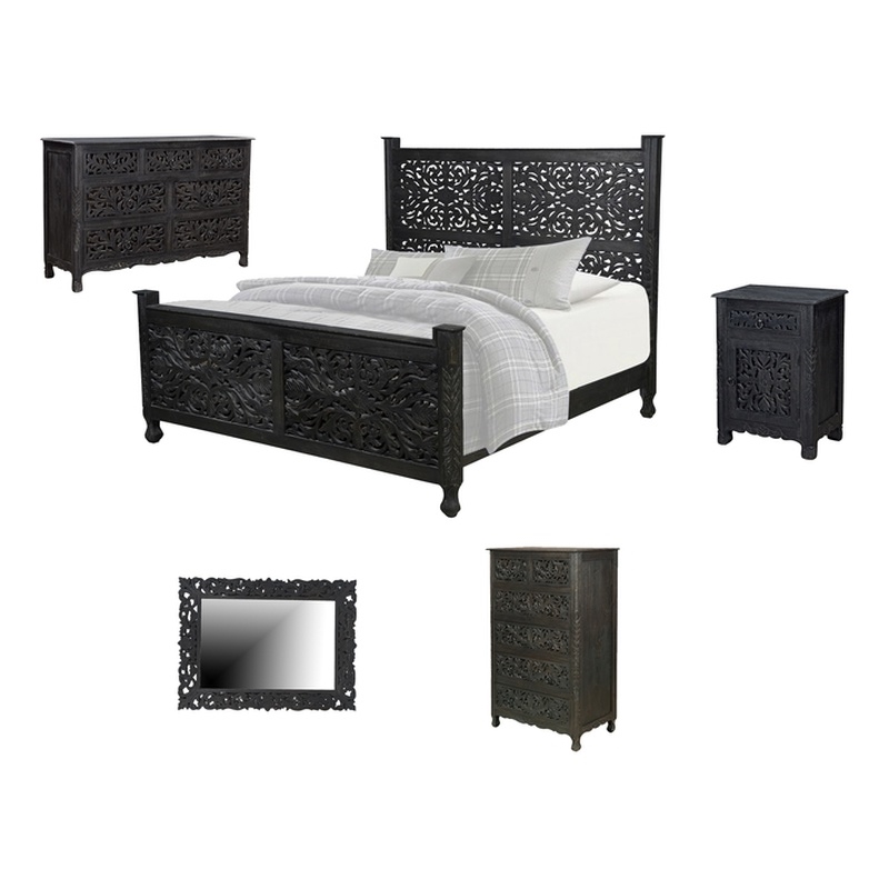 Monte Black Floral Carved Solid Wood Mango 5-Piece King Bedroom Set